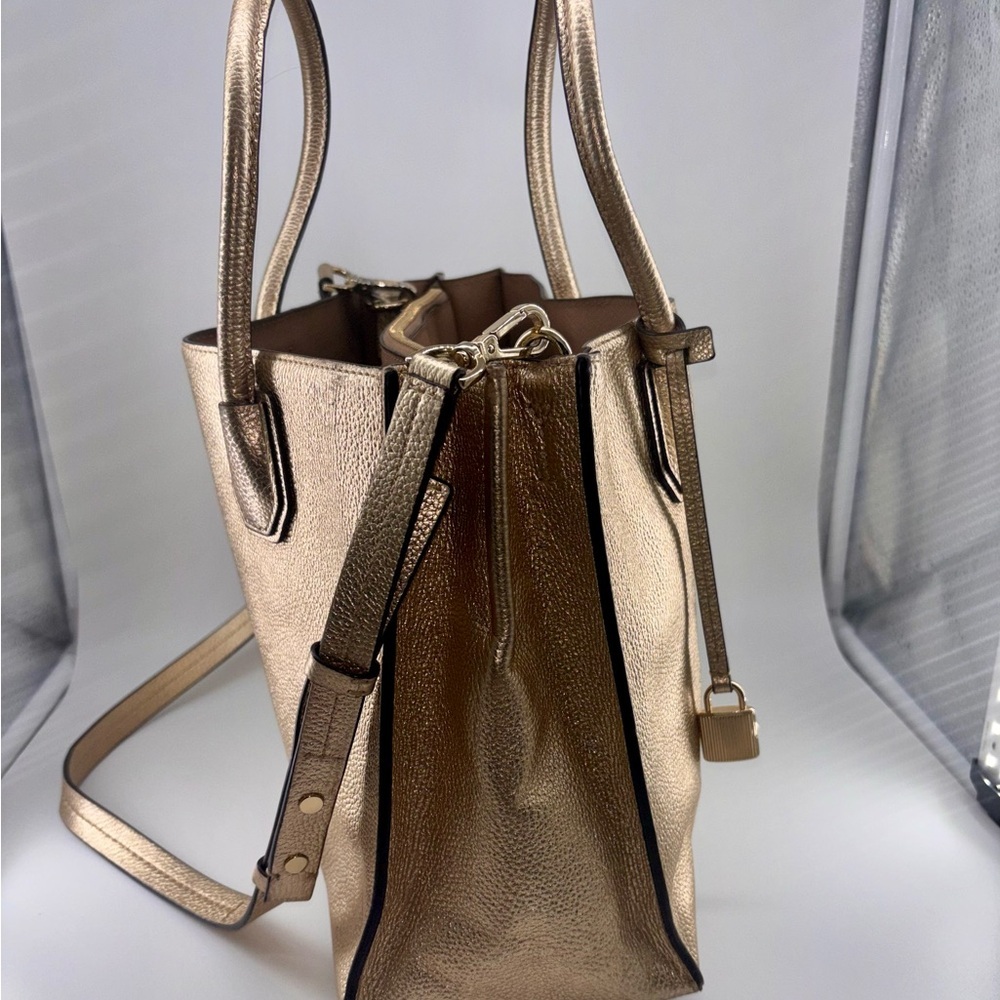Michael Kors Mercer Metallic Gold Pebble Leather Shoulder Crossbody Tote Bag - Picture 5 of 12
